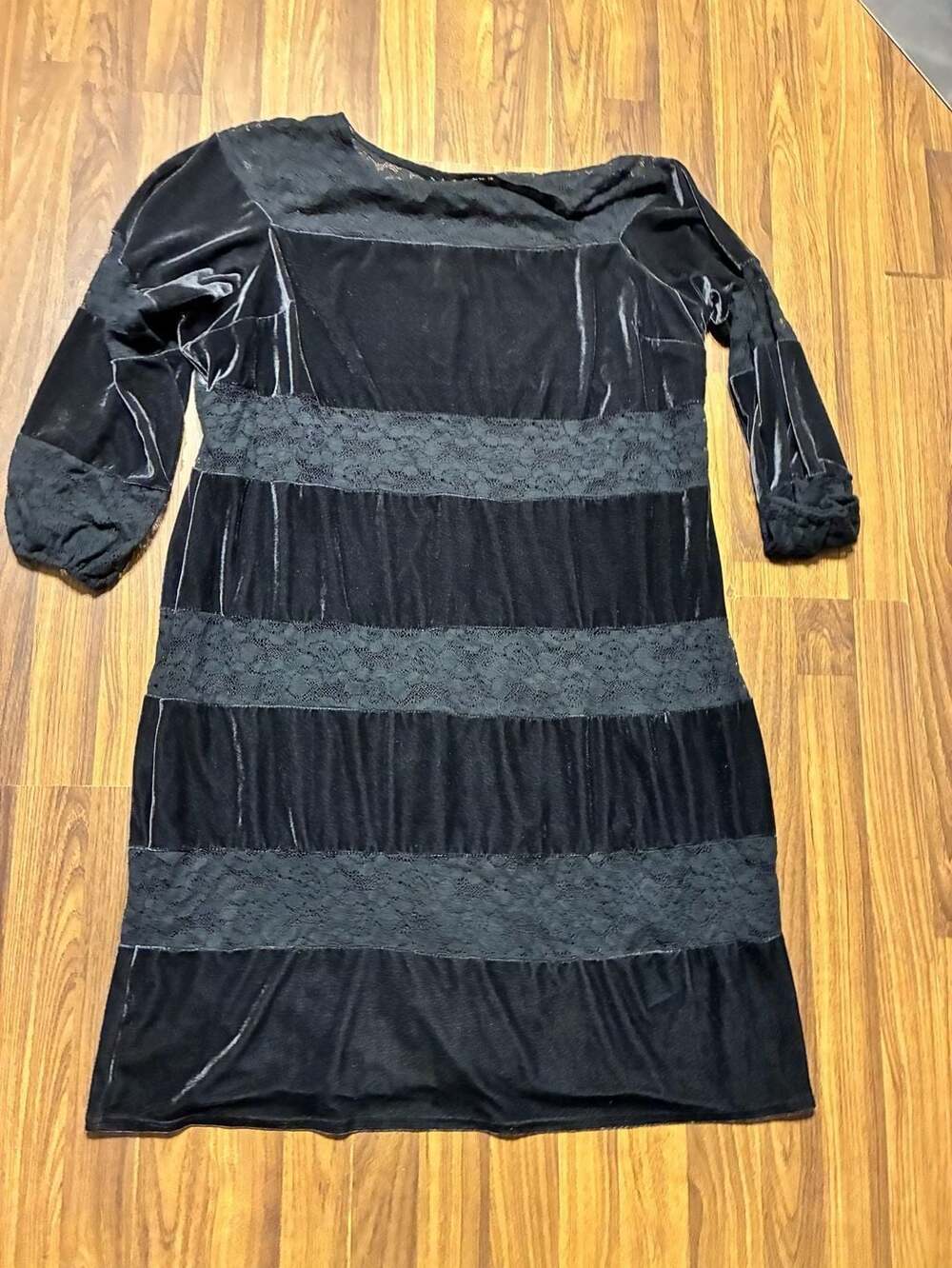 Roaman's Black Velvet and Lace Tiered Long Sleeve Dress